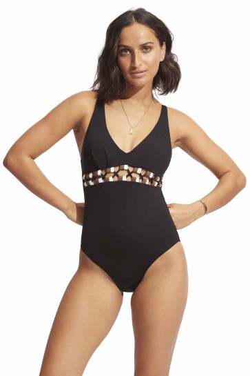 Sun Stripe V Neck One Piece Black
