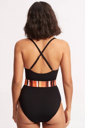 Sun Stripe One Piece With Belt - Black