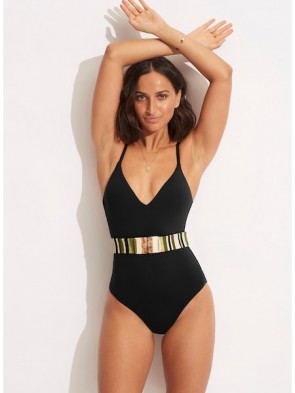 Sun Stripe One Piece With Belt - Black