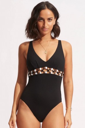Sun Stripe V Neck One Piece Black