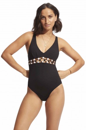 Sun Stripe V Neck One Piece Black
