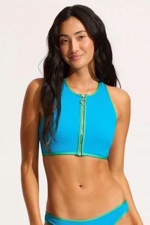 Beach Bound Zip Front Tank Bikini Top Turquoise 