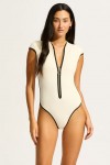 Seafolly Cap Sleeve Zip Front One Piece Ecru